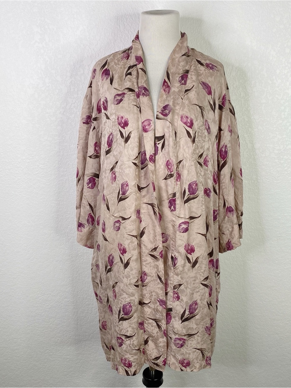 Vintage Intimate Options Champagne & Purple Floral 100% Silk Kimono Robe
